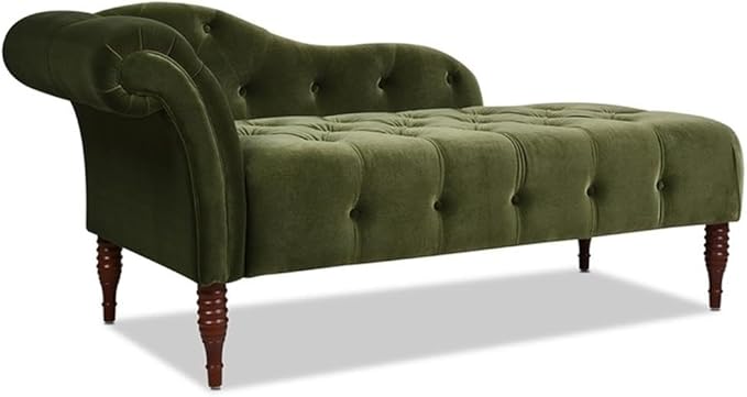 Pemberly Row Tufted Roll Arm Chaise Lounge, Olive Green Velvet Upholstery by PEMBERLYROW