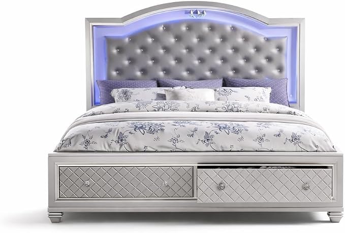 First of a Kind Shiney Contemporary 5 Piece King Bedroom Set High Gloss Silver - Image 4