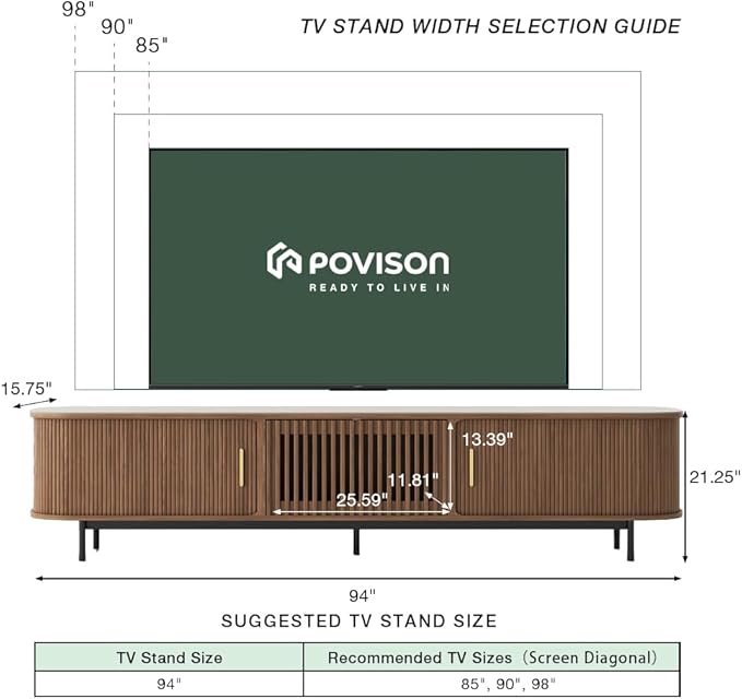 POVISON Fully-Assembled Sliding Tambour Door TV Stand, Mid Century Modern - Image 6