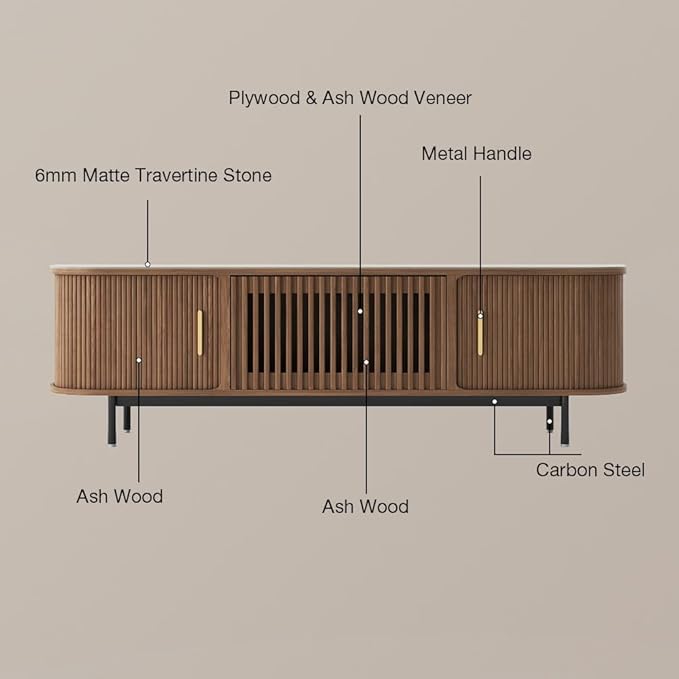 POVISON Fully-Assembled Sliding Tambour Door TV Stand, Mid Century Modern - Image 3