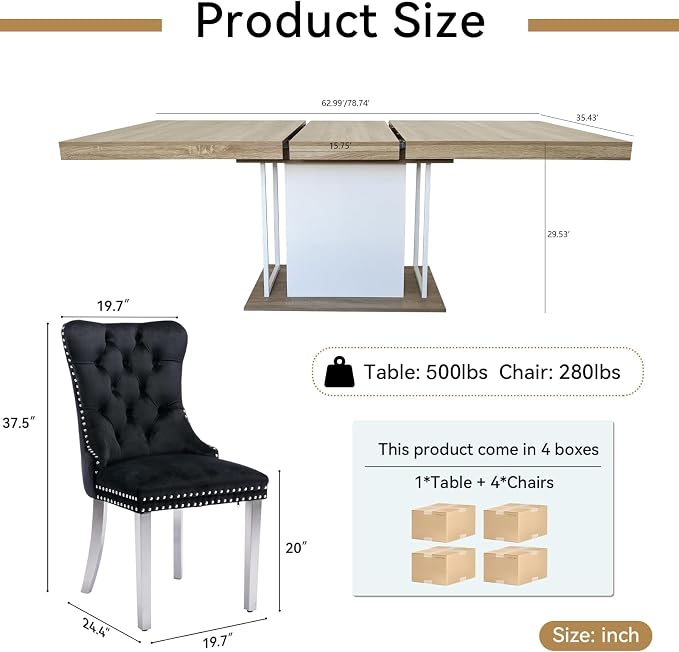 Henf 63"-79" Dining Table Set for 4, 5 Pieces Extendable Dining Table and 4 - Image 7