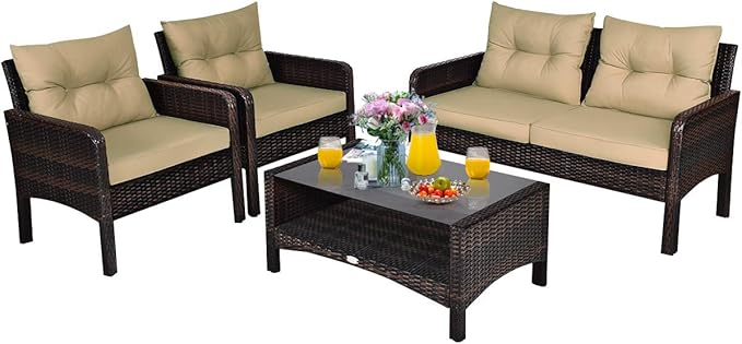 Tangkula 4 Piece Patio Furniture Set, Outdoor Wicker Conversation Set by TANGKULA