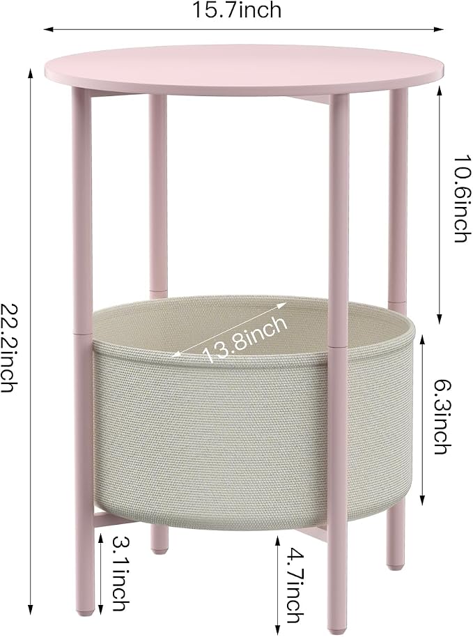 DGSANDGO Round End Table with Fabric Basket, Bedside Table with Storage - Image 3