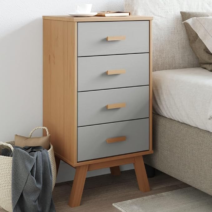 Grey and Brown Solid Pine Wood Bedside Cabinet by Unknown