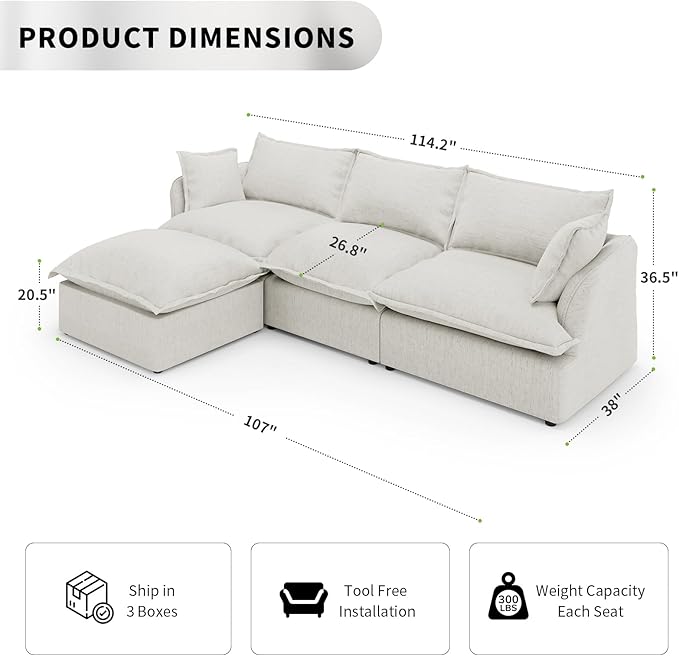 Cloud Sectional Sofa, 114.2" Large L Shape Convertible Modular Couch, Down Fill - Image 2