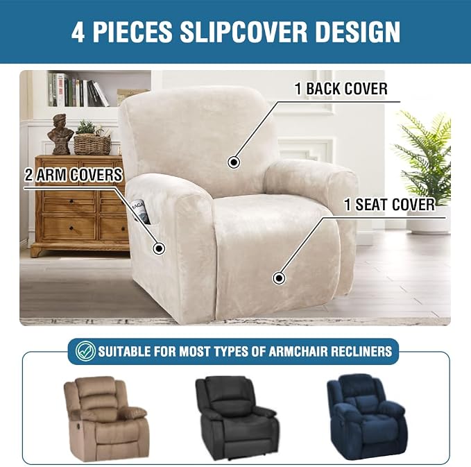 H.VERSAILTEX Velvet Stretch Recliner Couch Covers 4-Pieces Style Recliner Chair - Image 2