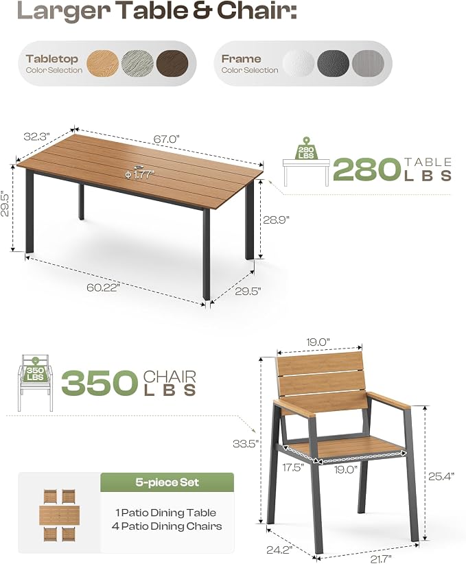 67" Rectangle HDPS Patio Dining Table, Aluminum Outdoor Patio Dining Table - Image 7