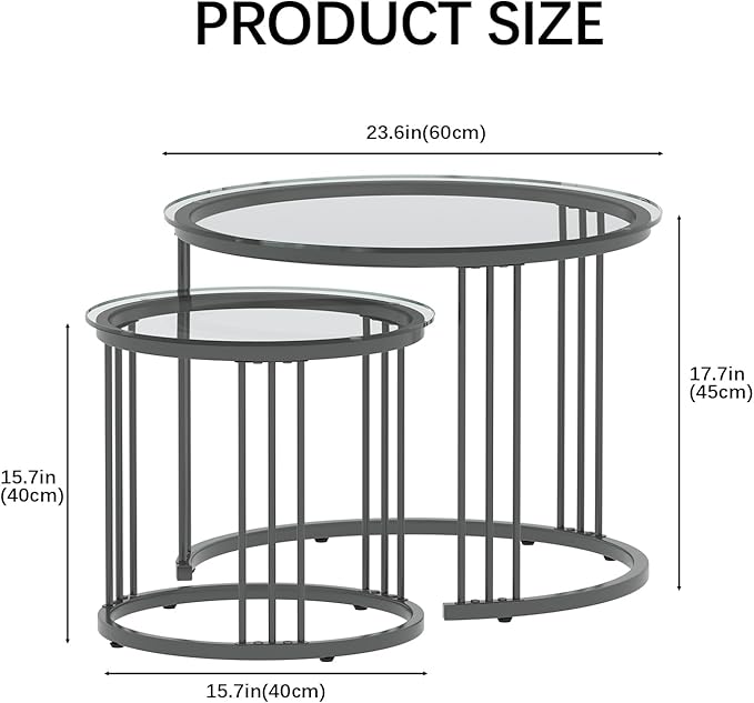 Garden 4 you Nesting Coffee Table, 23.6" Round Coffee Table Set of 2, Glass - Image 2