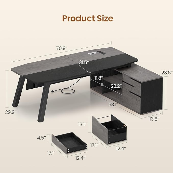 SEDETA 71" Executive Desk with File Cabinet, Large Office Desk with Drawers and - Image 2