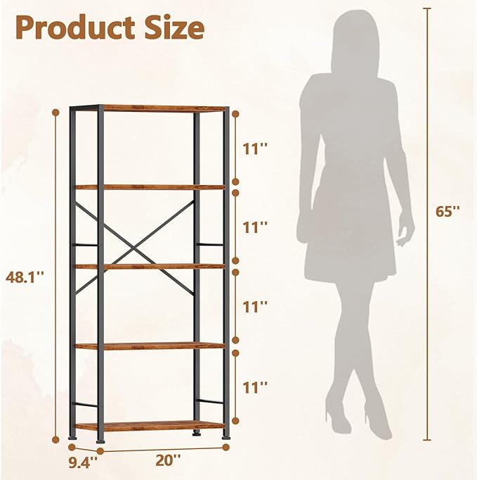 Furologee 5 Tier Book Shelf, Tall Wide Bookshelf, Industrial Open Bookcase - Image 3