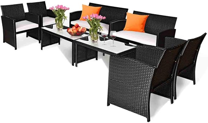 Tangkula Patio Wicker Conversation Furniture Set, Patiojoy Sofa & Table Set w/4 by TANGKULA