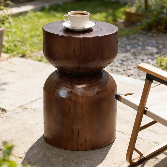 Solid Wood Stool & Sofa Side Table, Rustic Hourglass Wabi-Sabi Accent Coffee by Unknown