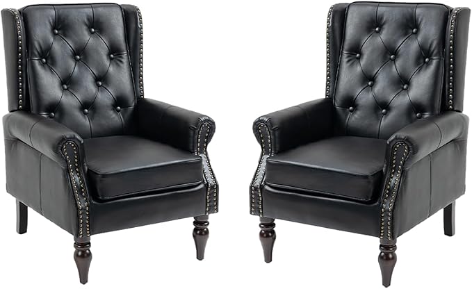 Mid-Century Wingback Chairs Set of 2, Faux Leather Accent Chairs Armchair by Lin-Utrend