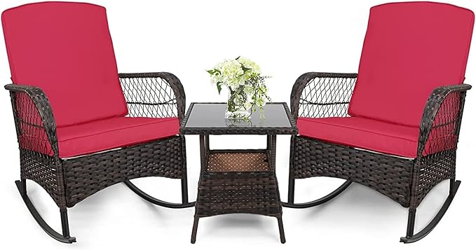 LEVELEVE 3 pcs Rocking Bistro Set Conversation Chairs PE Wicker Outdoor Rocking by Enjoyyourlife