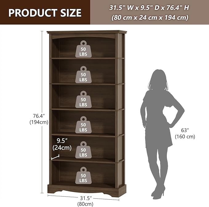 TVU 6-Tier Wooden Bookshelf, 76 Inch Tall Bookshelf - Image 3