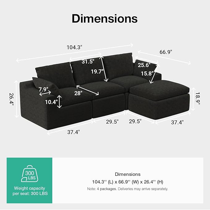 Novilla 104.3" Modular Cloud Couch, Modern Sectional Sofa - Image 2