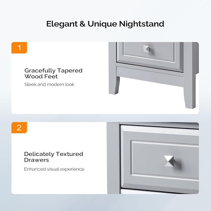 Bonnlo Gray Nightstands Set of 2, 3 Drawer Nightstand, Modern Night Stand - Image 5
