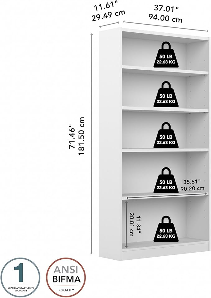 Bush Home Tall 5 Shelf Bookcase, 5 Tier Bookshelf Storage Cabinet - Image 3
