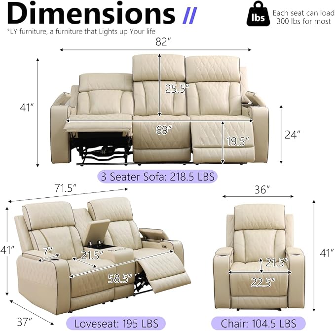 Power Recliner Sofa Set, Leather Reclining Couch & Chair Set, Living Room - Image 2
