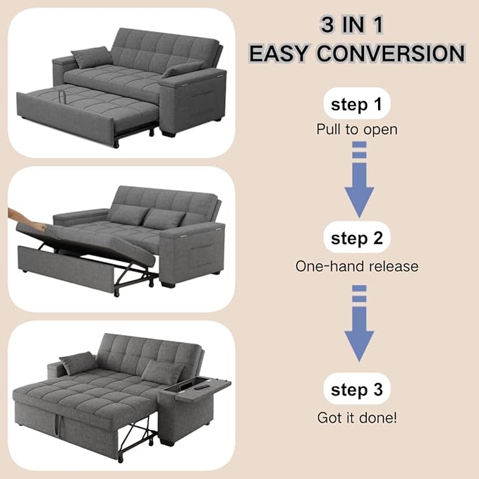 Gizoon 3 in 1 Convertible Sofa Bed, 63.6'' Pull Out Couch - Image 4