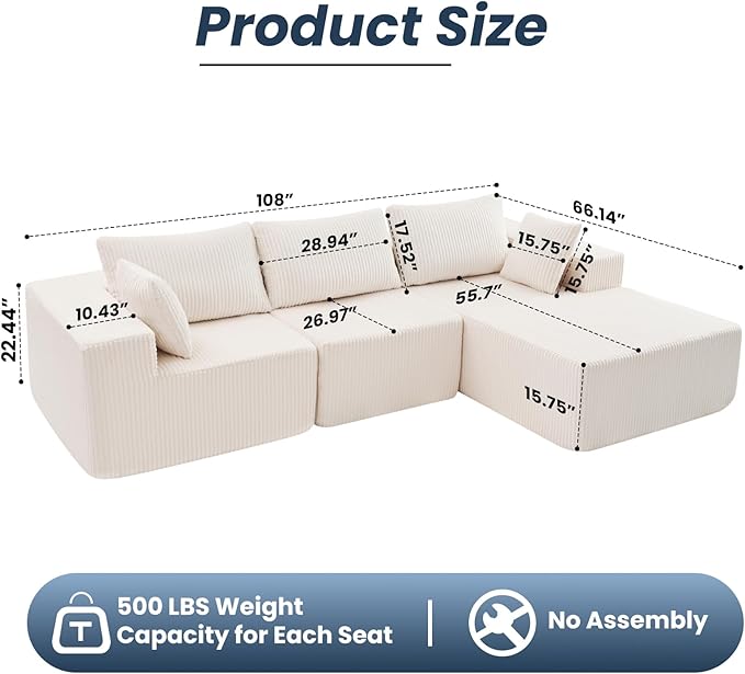 DUMOS 108" Boneless Couch, Cloud Sectional Couch - Image 3