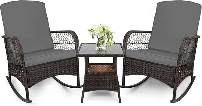 LEVELEVE 3 pcs Rocking Bistro Set Conversation Chairs PE Wicker Outdoor Rocking by Enjoyyourlife