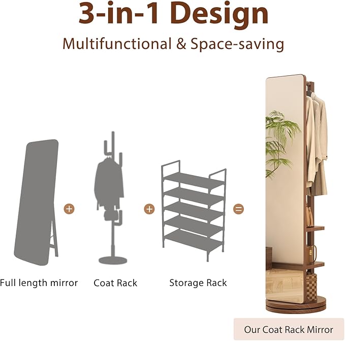 WoodsWhisper Full Length Mirror Coat Rack Solid Wood Floor Mirror 70"x16" Full - Image 5