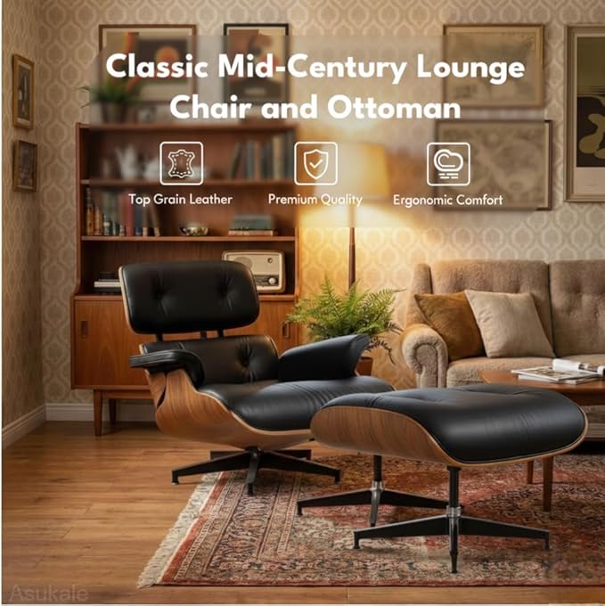 Top Black Grain Leather, Mid Century Chaise Lounge Chair and Ottoman, Leather - Image 5