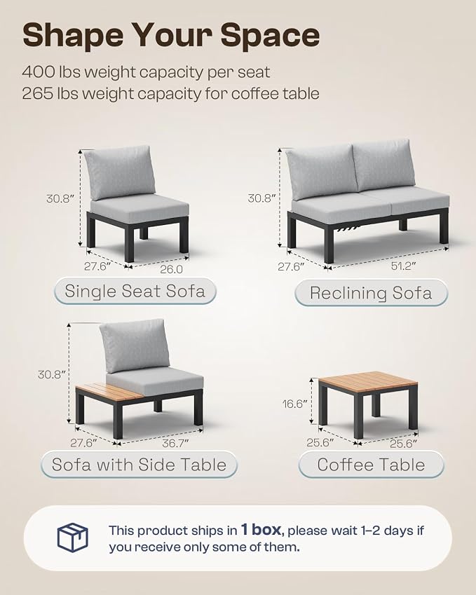 Aluminum Outdoor Patio Sofa Set, 2 Seats Modular Sectional Single Seat Sofa - Image 8
