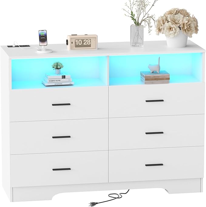 FJTJBSI Dresser with Power Outlets and LED Lights Wooden 6 Drawer Dresser with by FJTJBSI