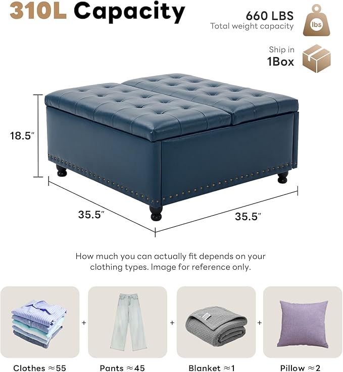 Tbfit Large Square Storage Ottoman Bench, Tufted Upholstered Coffee Table - Image 2