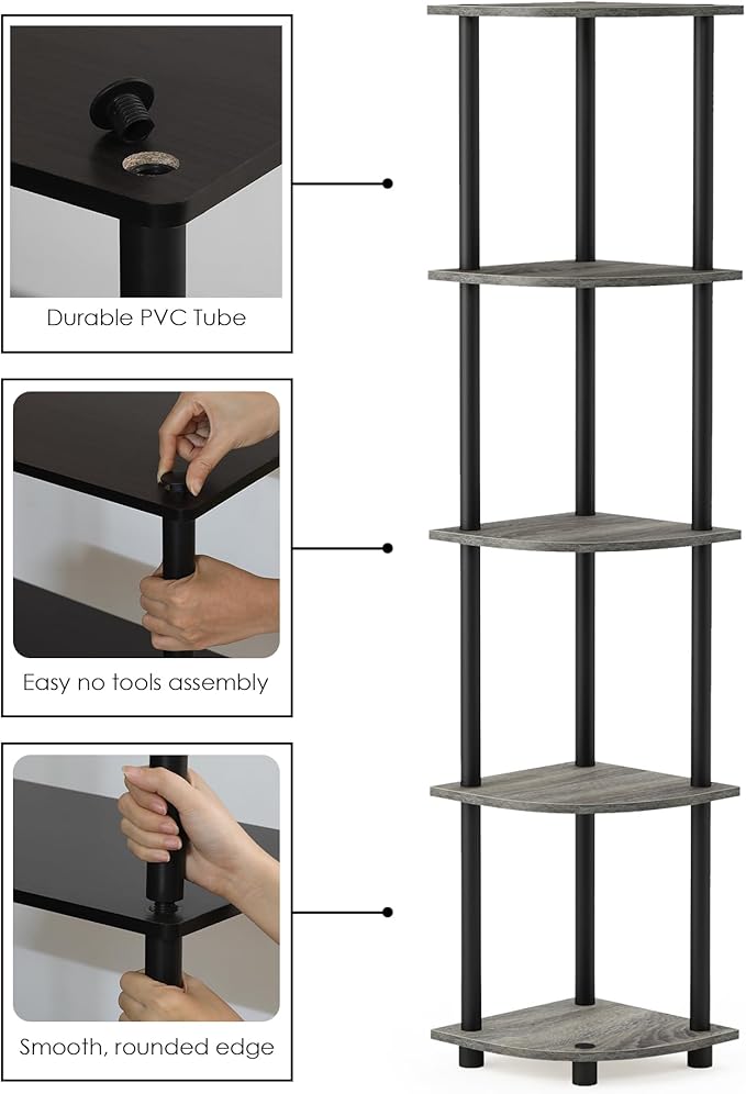 Furinno TURN-N-TUBE Corner Shelf, 5-Tier Corner Bookshelf, Open Storage Shelves - Image 4