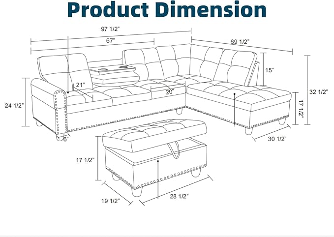 97.5" L Shaped Couch Set Linen, Modular Sectional Couches - Image 9