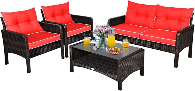 Tangkula 4 Piece Patio Furniture Set, Outdoor Wicker Conversation Set by TANGKULA