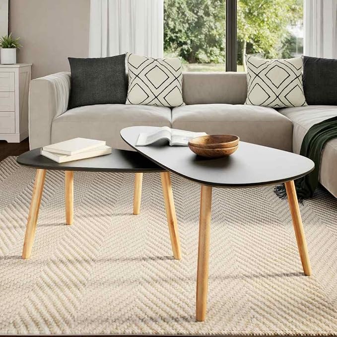 2 Coffee Tables Modern Coffee Table & Center Table Black MDF Tabletop Solid - Image 3