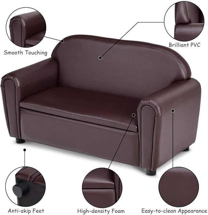 Costzon Kids Couch, 2 in 1 Double Seat Children's Sofa w/Under Seat Storage - Image 5