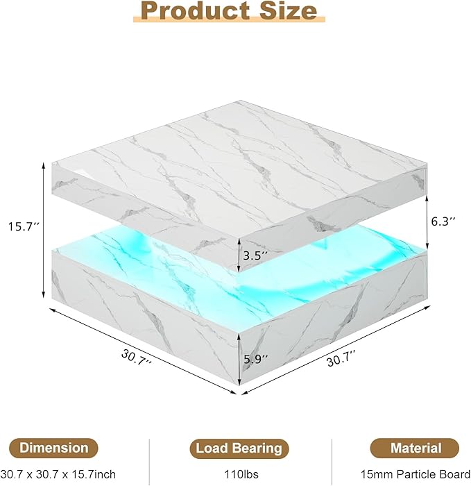 HedoAjim White Marble LED Coffee Table - Image 2