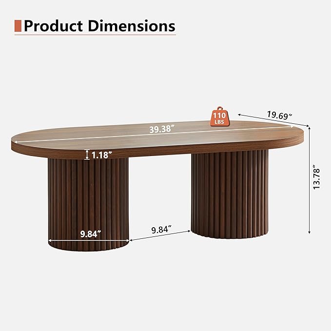 Oval Fluted Coffee Table, Farmhouse Wood Coffee Table Mid Century Modern Center - Image 2