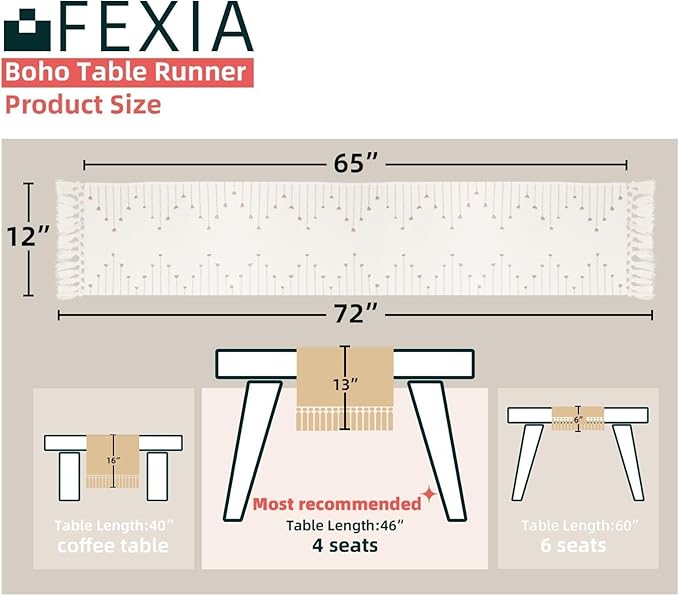 FEXIA Boho Table Runner with Tassels 72 Inches Long - Image 2