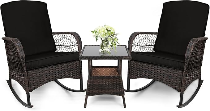 LEVELEVE 3 pcs Rocking Bistro Set Conversation Chairs PE Wicker Outdoor Rocking by Enjoyyourlife