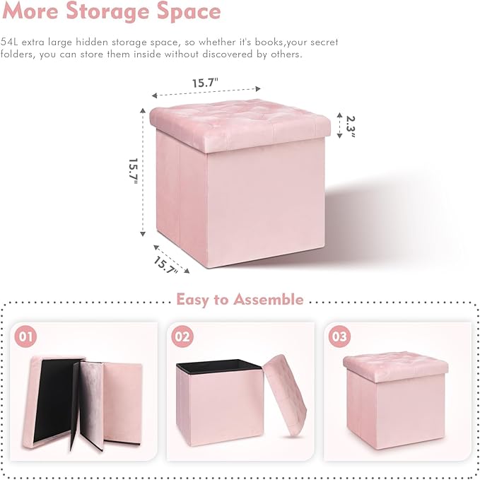 B FSOBEIIALEO Storage Ottoman Cube, Velvet Tufted Folding Ottomans - Image 3