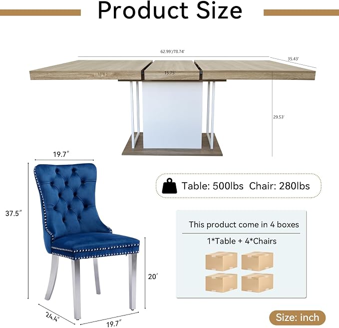 Henf 63"-79" Dining Table Set for 4, 5 Pieces Extendable Dining Table and 4 - Image 7
