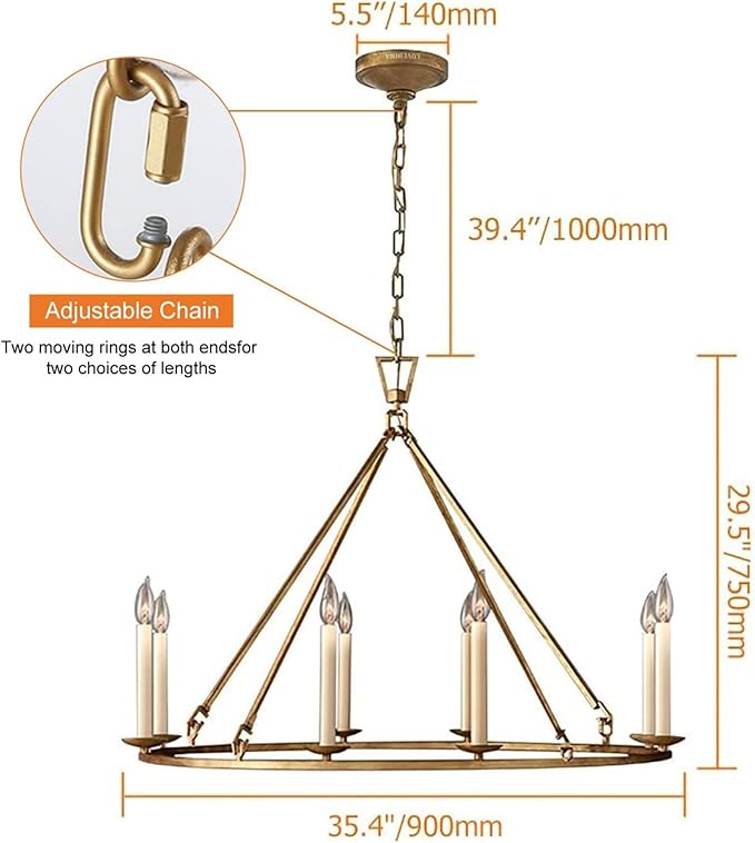 LOVEDIMA Gold Wagon Wheel Chandelier Rustic 35.4'' Candle-Shaped Metal - Image 3