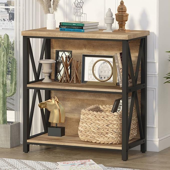 FATORRI Small Bookcase, Wood and Metal Low Short Bookshelf, Industrial Book by FATORRI