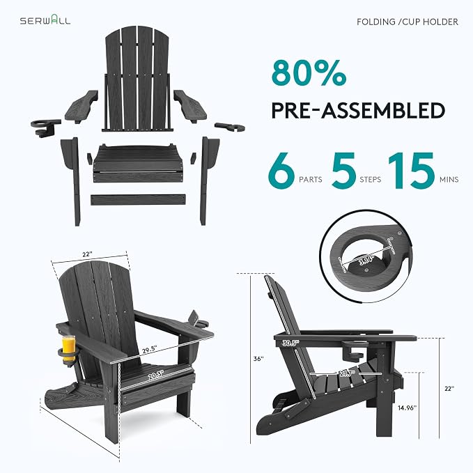 SERWALL Foldable Adirondack Chair, HDPE Adirondack Chair - Image 7