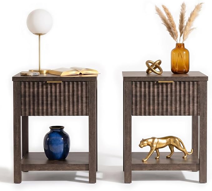 Fluted Night Stand with Golden Handle, Bedside Table with Storage Shelf by TROJMHome