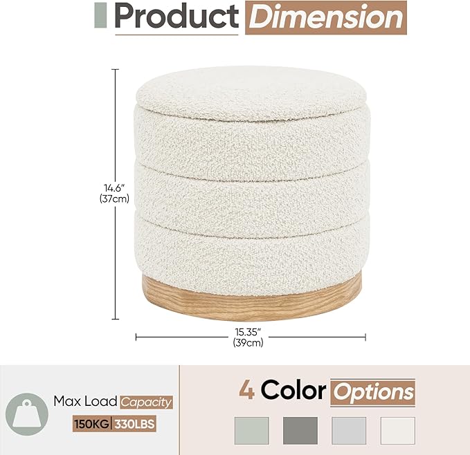 Round Storage Ottoman with Reversible Tray Lid, Folding Chenille Fabric - Image 3