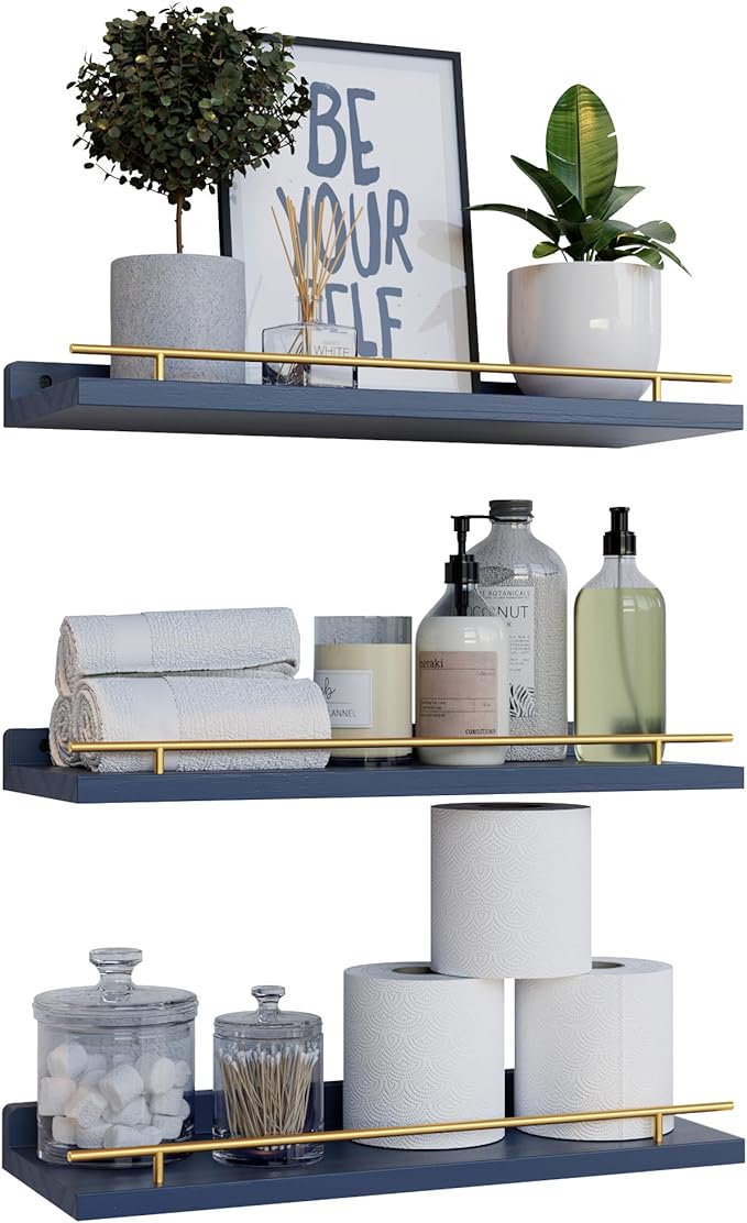 WOPITUES Floating Shelves with Gold Metal Guardrail, Shelves by WOPITUESOfficial