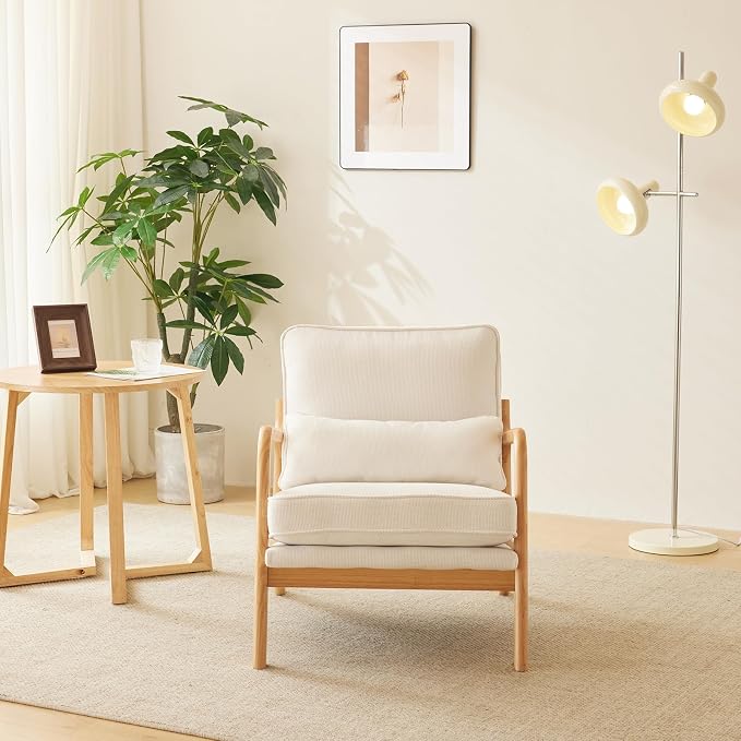 Bonnlo Coarse Linen Beige Mid Century Modern Accent Chair, Soild Wood Padding - Image 9