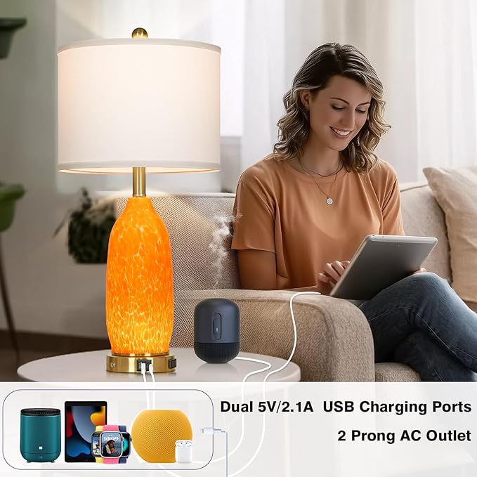 Rinweey 26" Modern Orange Glass Table Lamp Set of 2, Bedside Lamps - Image 3